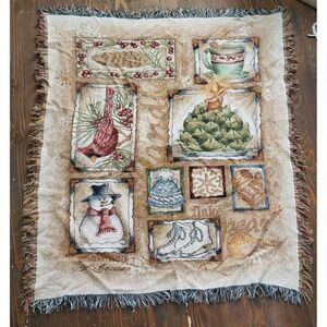Winter Holiday Throw‎ Blanket Fringe Cardinal Snowman Cocoa Snow Skate 46"x52"